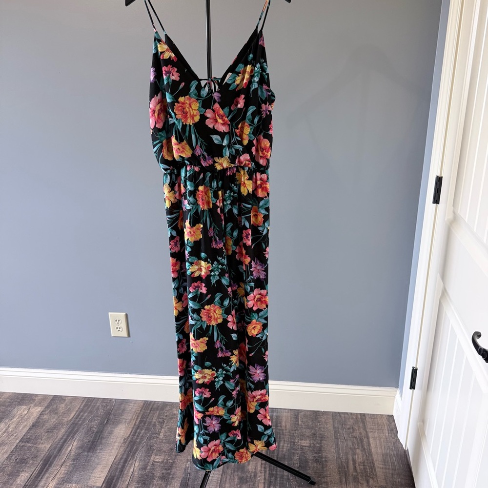 Lush Black Floral Maxi Jumpsuit with Pink & Yellow Flowers